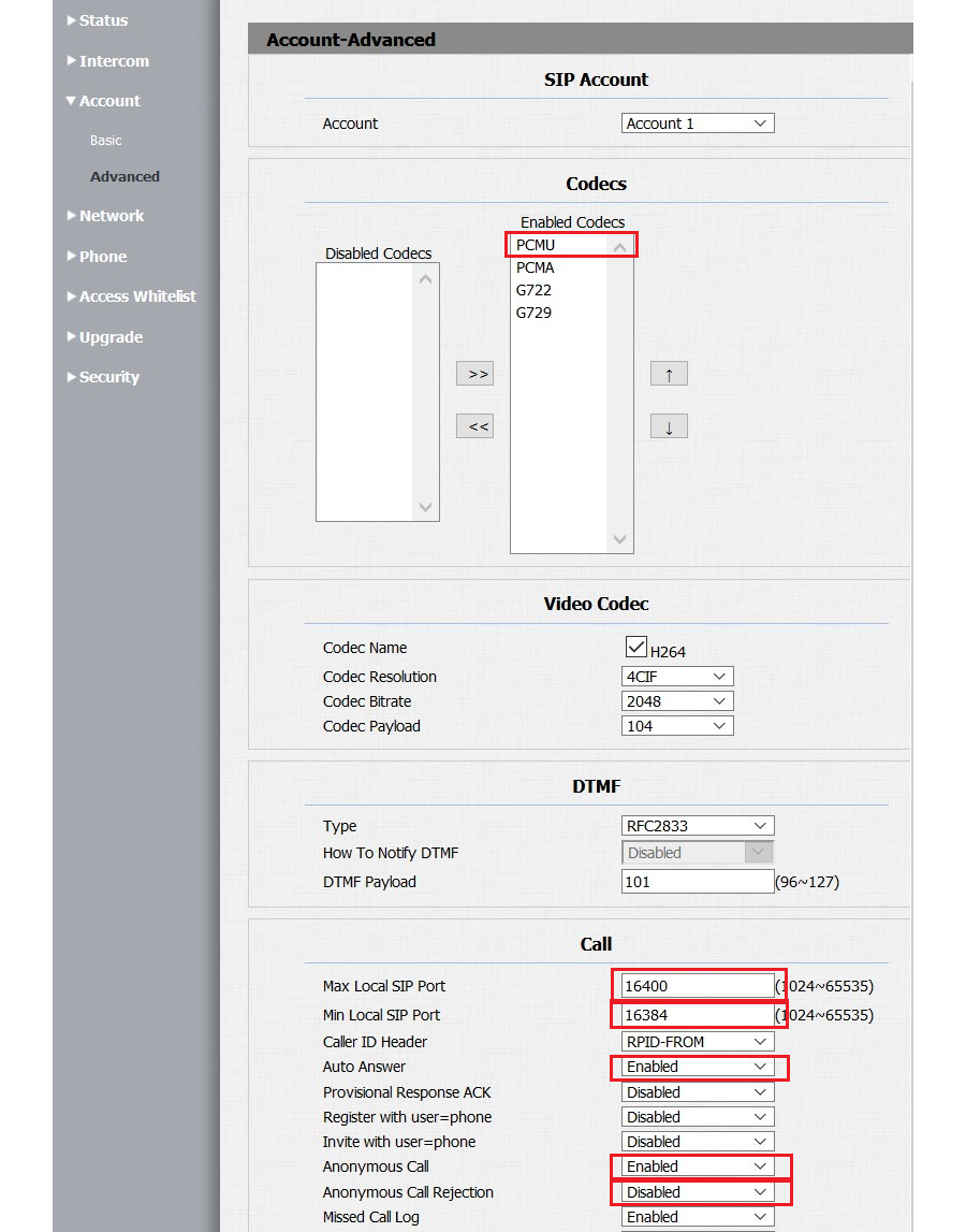 Account advanced settings
