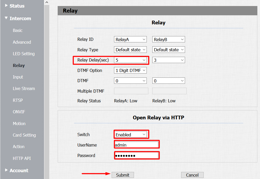 Relay settings configuration