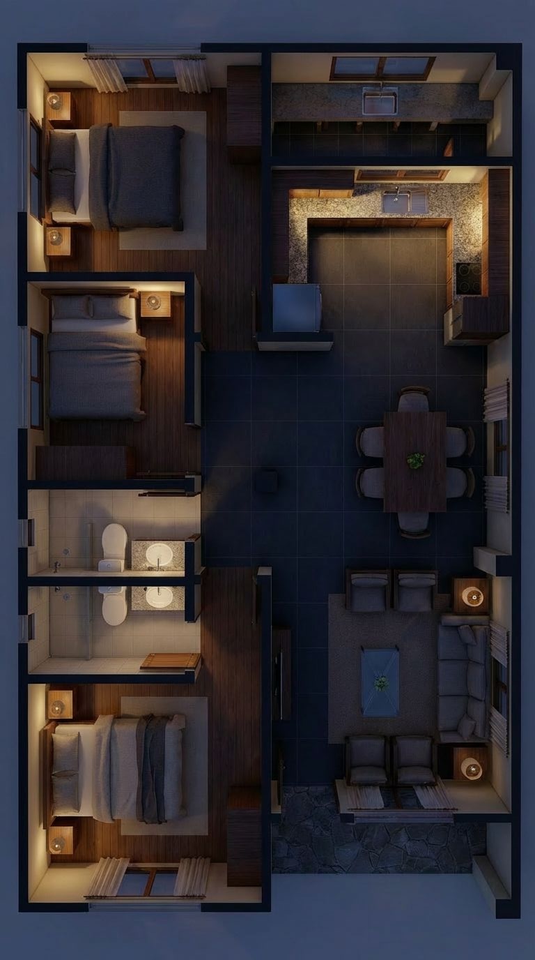 Night render of interior generated from floor plan