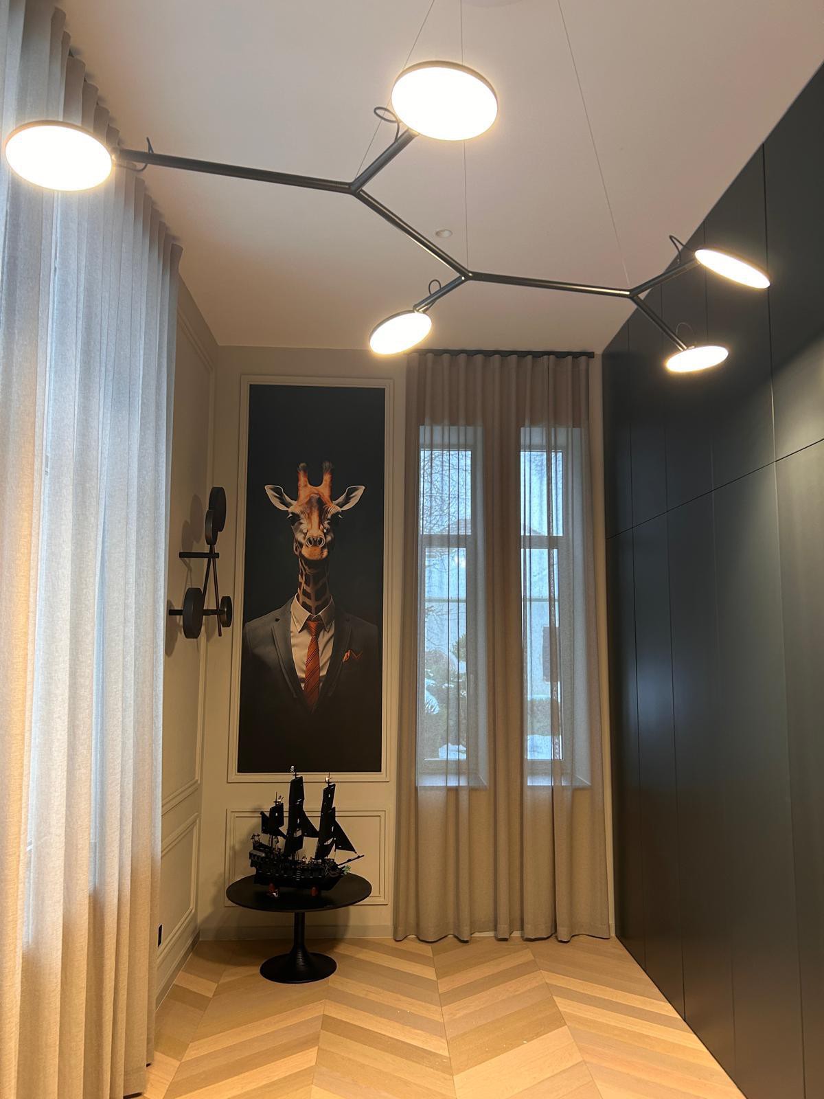 Hallway with sculptural branching designer ceiling light and giraffe portrait artwork